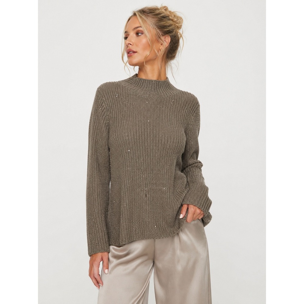 Chico's Tonal Shine Pullover Sweater Taupe Sequin Mock Neck Ribbed 2 L NWT New